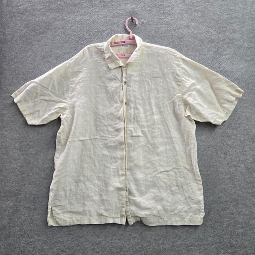 Tommy Bahama Men Button Shirt XL White Solid Linen Graphic Map